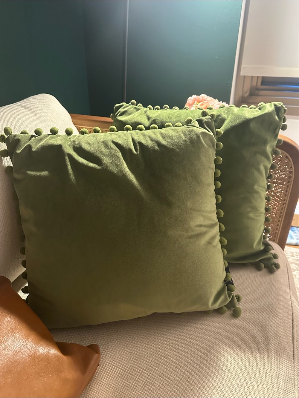 Green Pom-Pom Accent Throw Pillow Pair